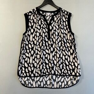Reitmans Petites Sleeveless Abstract Print Button Neck Blouse Top L Black White